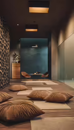 brown pillows on the ground in a large room