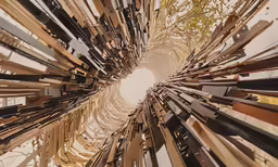 looking up into an abstractly arranged array of wooden objects