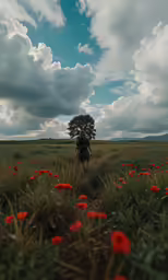 the person walks through an open field with a large tree