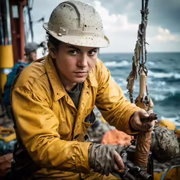 a man in white hard hat sitting on boat
