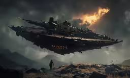 an image of a war plane flying over a field