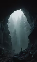 a man standing in a cave on top of a mountain