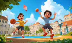 an animated cartoon scene with a boy and girl playing with a basketball