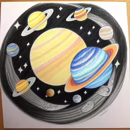 a drawing of different planets on a plate,an image of a drawing of planets on paper,an image of a drawing of outer planets,an image of a drawing of planets in the sun,the solar system painted with crayons on a paper