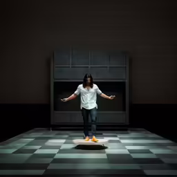 a woman standing on a stage with her arms spread open