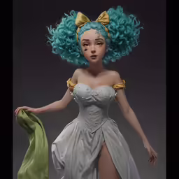 a doll with blue and green hair dressed in a gown