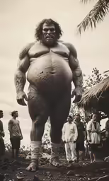 a big sumo wrestler standing with many people in the background