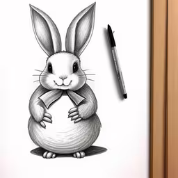a drawing of a bunny on paper with a pen,a drawing of a rabbit holding a piece of paper
