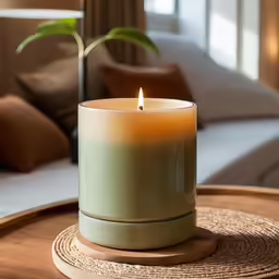 candle on table with bed in background at night