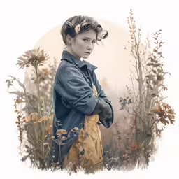 a woman with short hair stands in a field