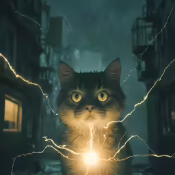 a cat is standing with its head turned toward a flash