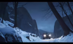 the truck is traveling through the snow covered wilderness
