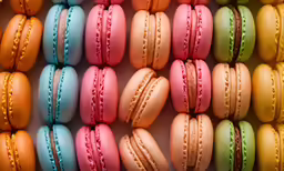 macarons in many colors and sizes with the tops painted pink, yellow, green, blue, and orange