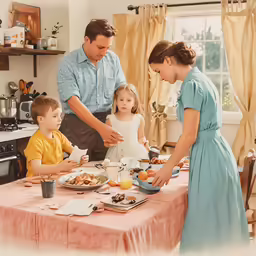 people are setting a table for a family celebration