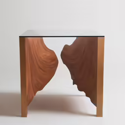 a wood sculpture and glass table that looks like the inside
