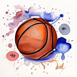 a basketball drawn in watercolor and on a white paper,a watercolor painting of a basketball with colors splashing on the surface,a drawing of a basketball and some paint,a watercolor painting of a basketball with its painted blue paint,watercolor drawing of a basketball surrounded by paint splatters