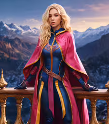 the blonde woman is dressed in blue and pink,the blonde woman in a red cape poses on a balcony railing