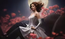 the woman is in an artistic white gown