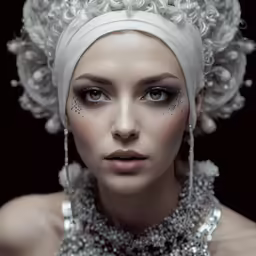 the woman is wearing many beads around her neck