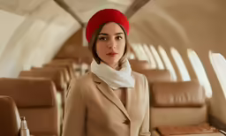 a woman is dressed in business attire and a red hat