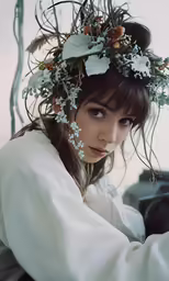 a woman with long hair wearing a flower wreath
