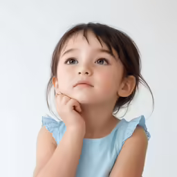 a little girl sitting and looking up while holding her hand on her cheek