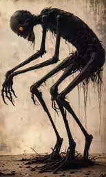 a large creepy looking monster stands with its hand on his back