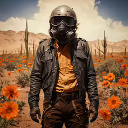 a person in black jacket with gas mask standing next to orange flowers