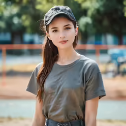 a young girl wearing a baseball cap, tee shirt and skirt