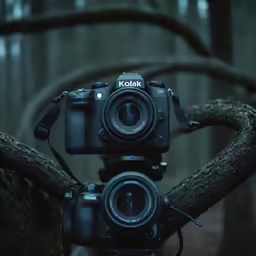 a camera set up on a tree in the woods