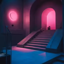 two light - up stairs leading up to the entrance