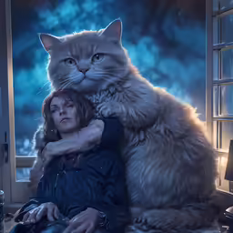 a beautiful young woman sitting next to a big cat