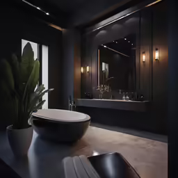 black and white bathroom with potted plants, mirror and window