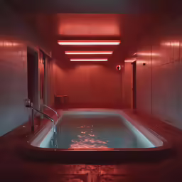 this pool is made from concrete and features an underwater feature