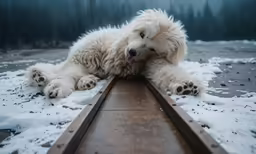 a very furry dog laying down on a bridge
