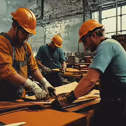 two construction workers in hardhats working in a factory