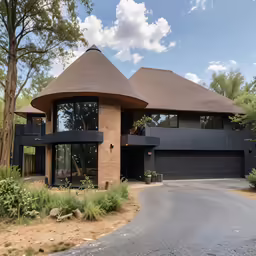 a building with a brown roof on a road