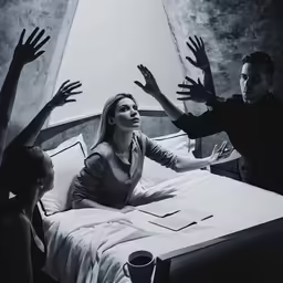 a group of people on a bed waving to something