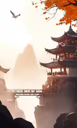 the birds are flying above the bridge on the hill