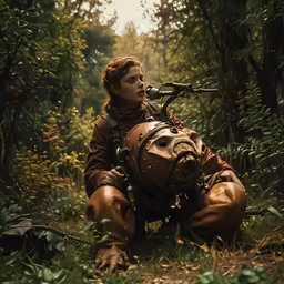 the woman sitting in the forest is holding a rifle