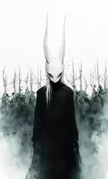 a male with a horned mask is standing in front of a field