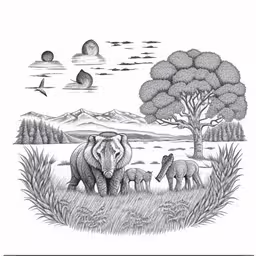 this is a drawing of an elephant and her babies,elephant family with baby, and birds flying around