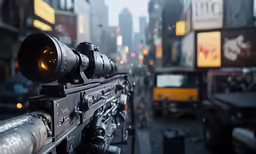 a black rifle on a city street