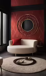 a room with round rug and red wall color and circular mirror