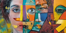 a lady with many eyes and face pieces painted on