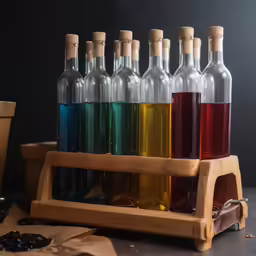 a row of small bottles with different color liquids in them