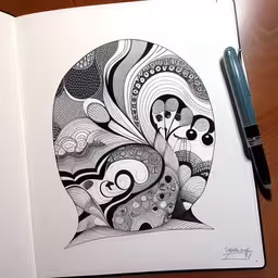 an opened book with some black and white designs on it,a close up of an open book with writing on it