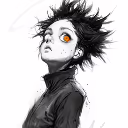 a woman with a hairdo and a jacket is shown with an orange eye