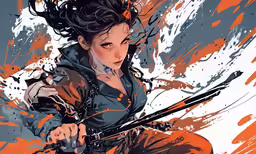 the character is holding a knife and standing in front of an orange paint splattered wall