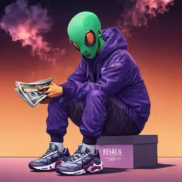 a person sitting down with a pile of money,a man wearing purple and green wearing a mask, sitting on top of a box